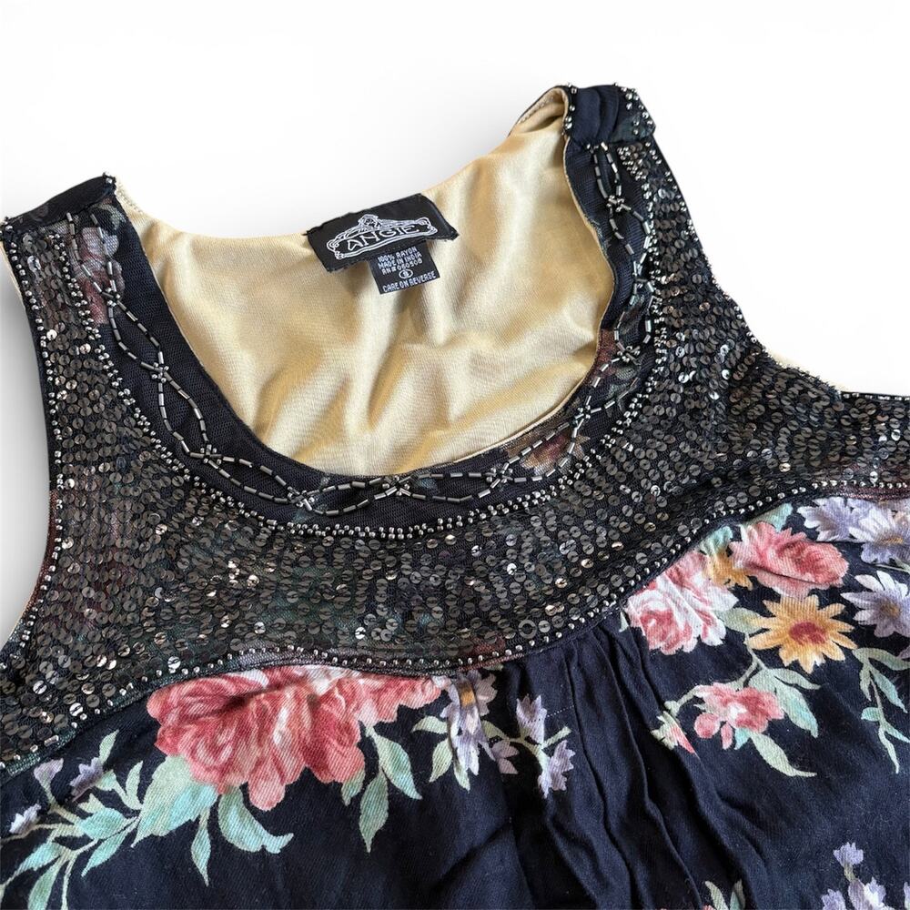 Y2K Angie Beaded Floral Tunic Tank Top Womens S Black Boho Fairy Grunge